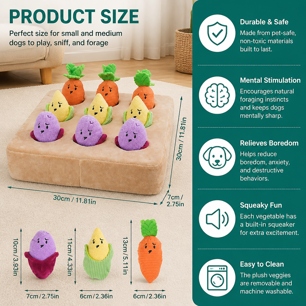 Interactive Vegetable Garden Treat Toy – Hide & Seek Snuffle Puzzle with Squeaky Veggies