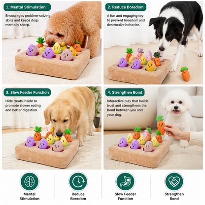 Interactive Vegetable Garden Treat Toy – Hide & Seek Snuffle Puzzle with Squeaky Veggies