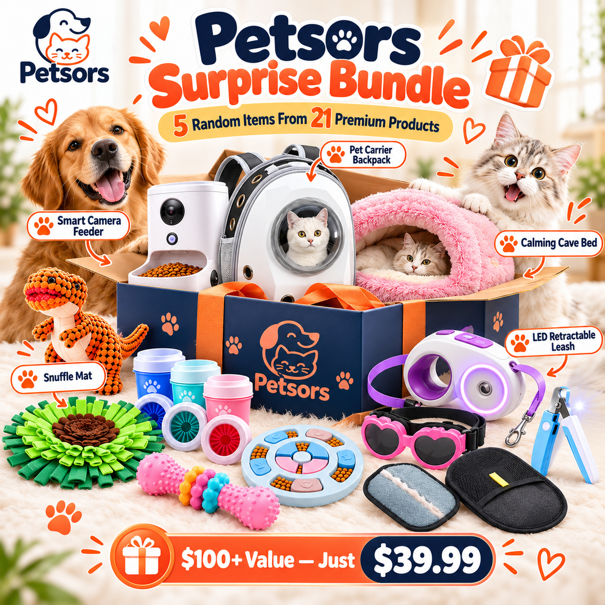 Petsors Ultimate Pet Surprise Bundle | 5 Random Items From 21 Premium Products | Dog & Cat Toys, Gadgets & Accessories