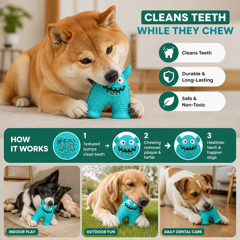 Durable Dog Dental Chew Toy – Tooth Cleaning Monster in Dog Colors
