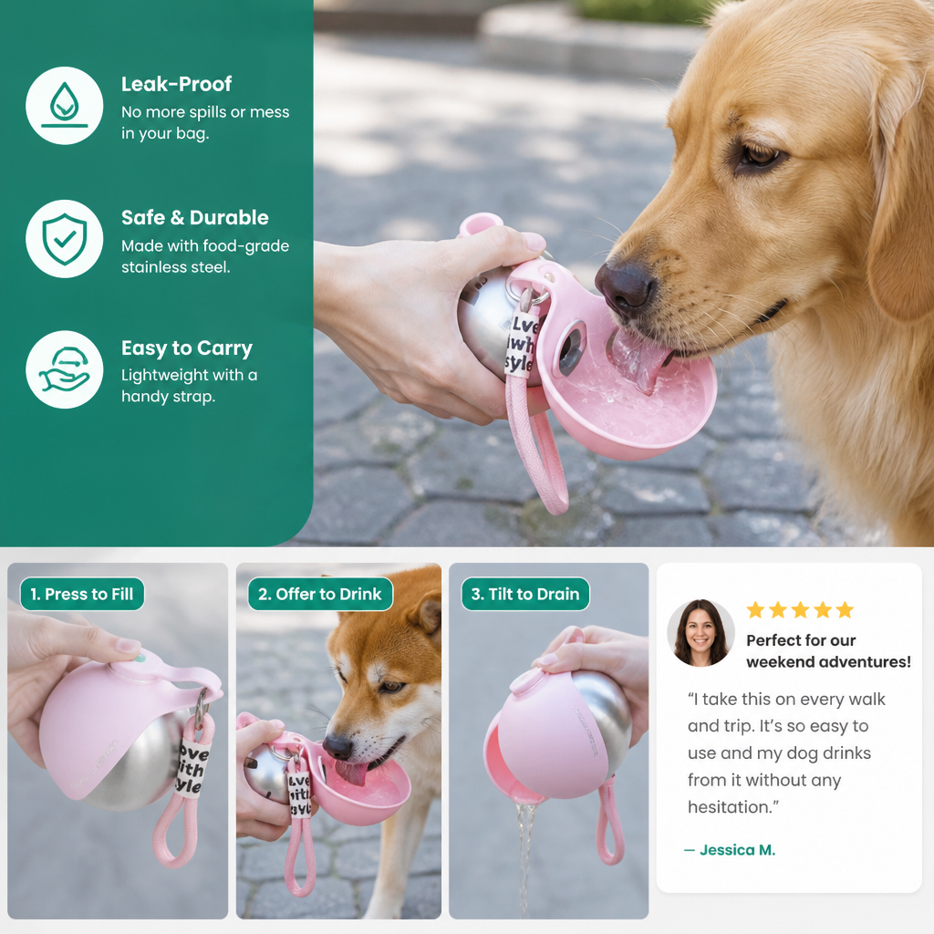 2-in-1 Travel Water Bottle for Dogs – Leak-Proof Stainless Steel Bottle with Silicone Bowl