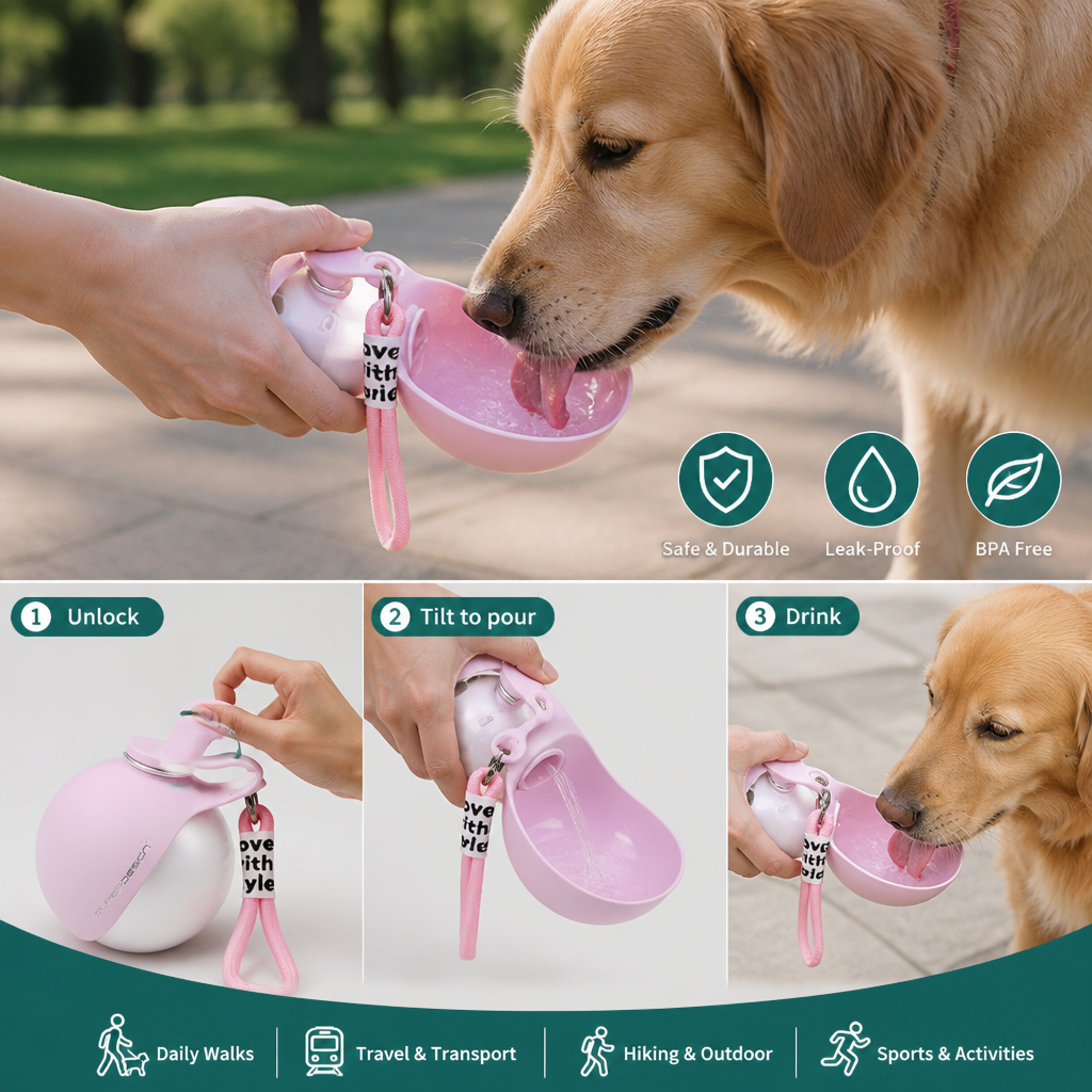 2-in-1 Travel Water Bottle for Dogs – Leak-Proof Stainless Steel Bottle with Silicone Bowl