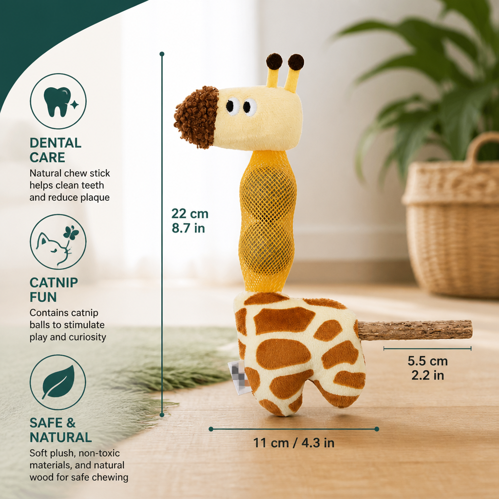 3-in-1 Dental Giraffe Cat Toy – Plush, Catnip Balls & Natural Chew Stick