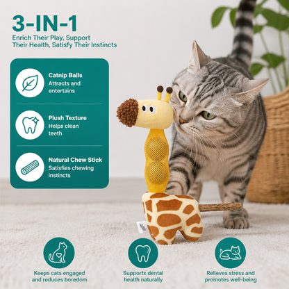 3-in-1 Dental Giraffe Cat Toy – Plush, Catnip Balls & Natural Chew Stick