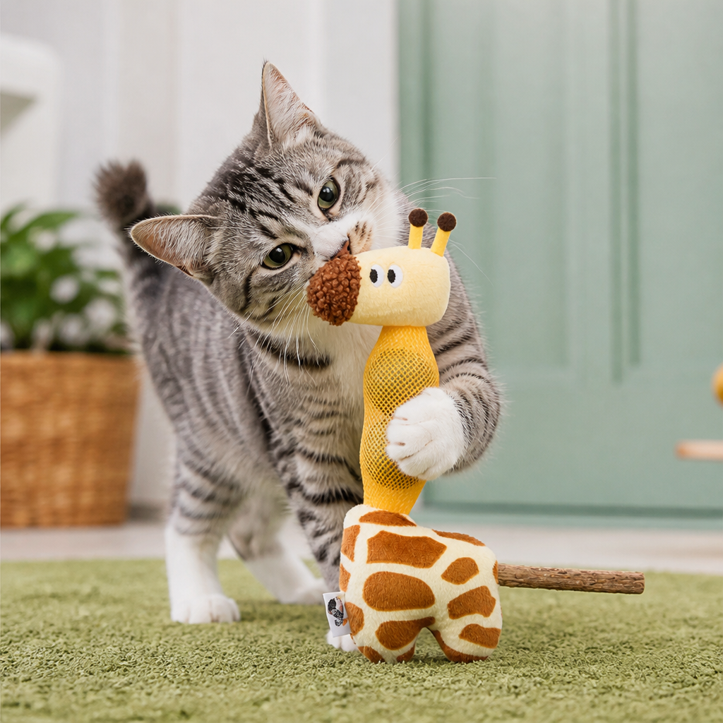 3-in-1 Dental Giraffe Cat Toy – Plush, Catnip Balls & Natural Chew Stick