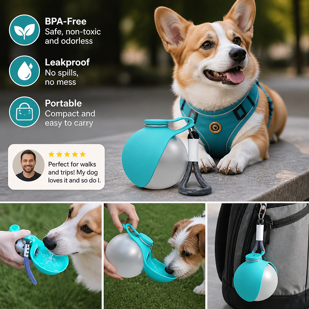 Sphere 2-in-1 Dog Water Bottle with Silicone Bowl – Leakproof Travel Bottle