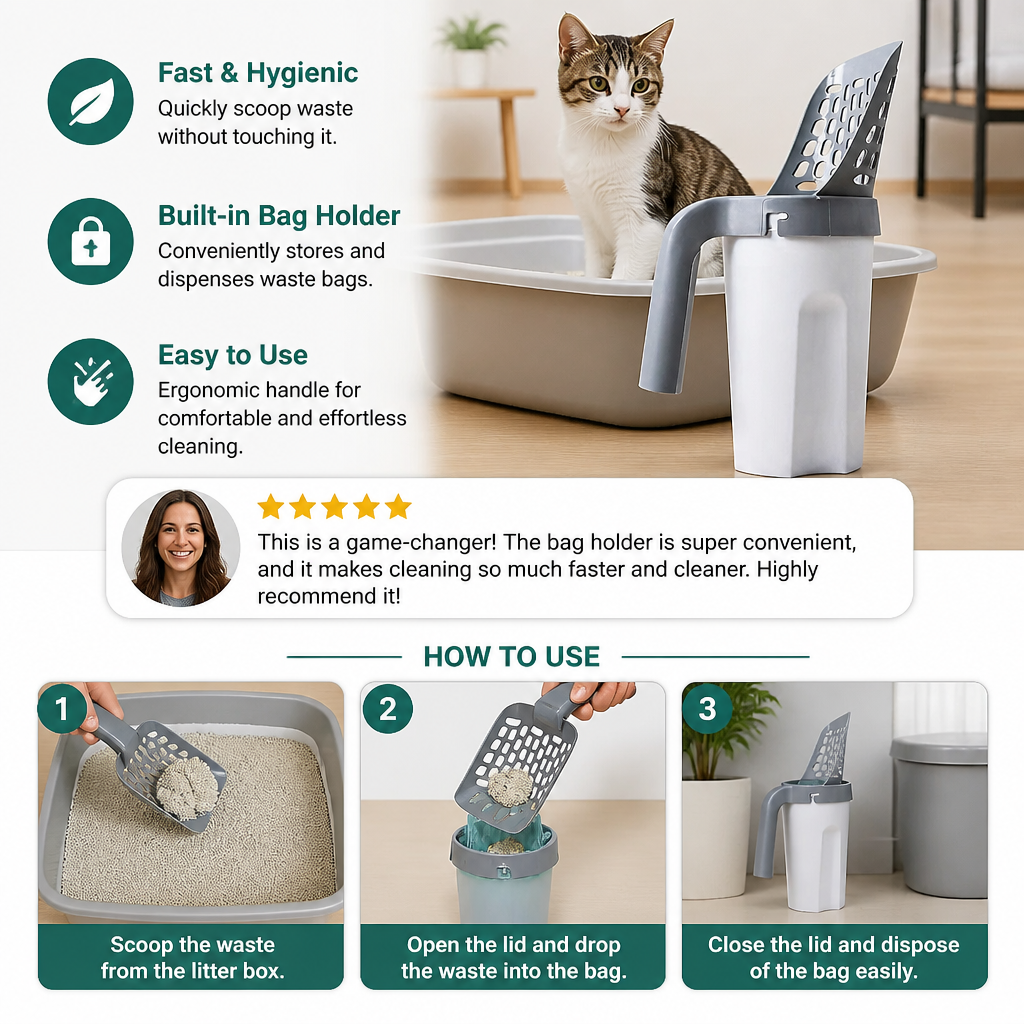Cat Litter Scoop with Waste Bag Holder for Fast and Mess Free Cleaning