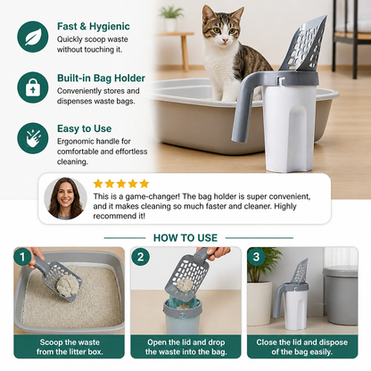 Cat Litter Scoop with Waste Bag Holder for Fast and Mess Free Cleaning