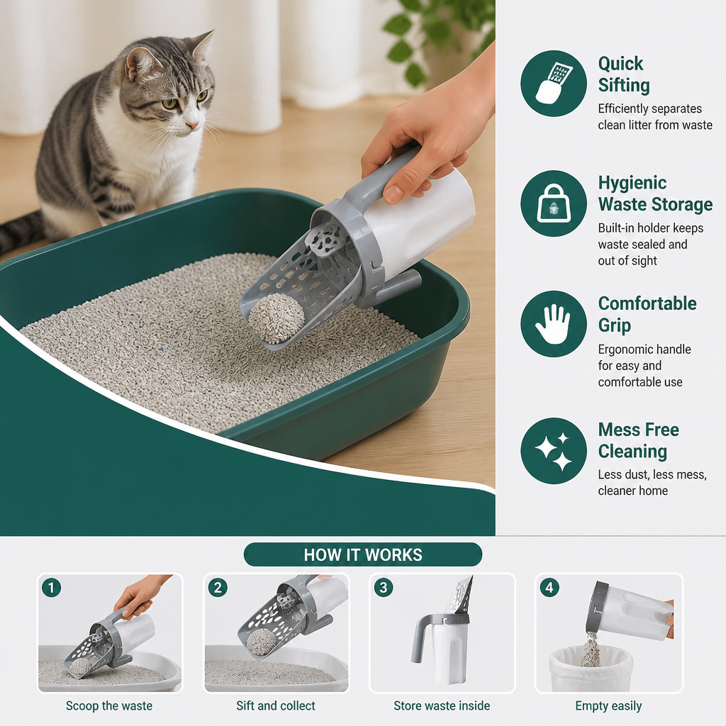 Cat Litter Scoop with Waste Bag Holder for Fast and Mess Free Cleaning