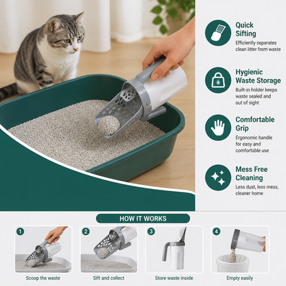 Cat Litter Scoop with Waste Bag Holder for Fast and Mess Free Cleaning