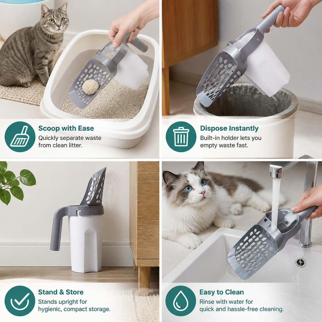 Cat Litter Scoop with Waste Bag Holder for Fast and Mess Free Cleaning