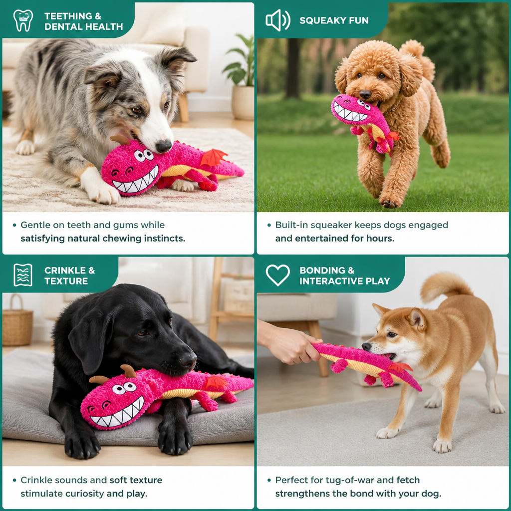 Durable Plush Dragon Dog Toy – Squeaky Crinkle Tug Toy