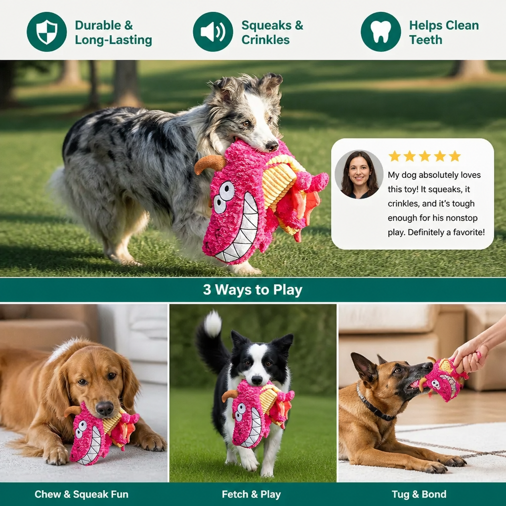 Durable Plush Dragon Dog Toy – Squeaky Crinkle Tug Toy