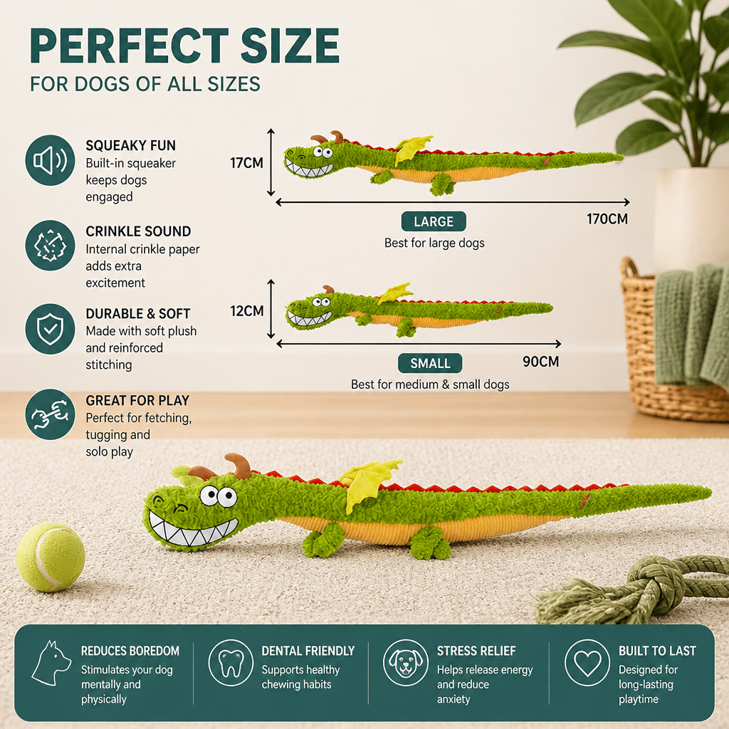 Durable Plush Dragon Dog Toy – Squeaky Crinkle Tug Toy
