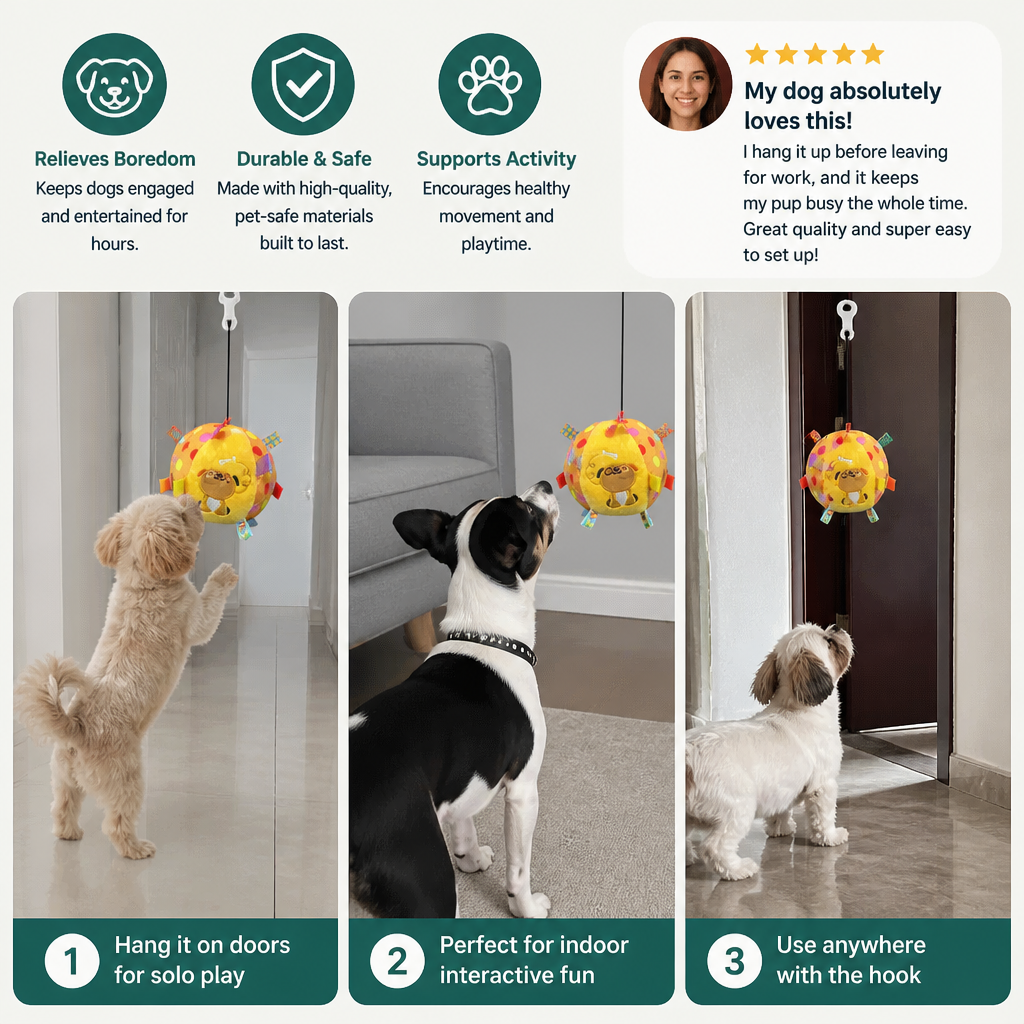 Interactive Hanging Dog Ball Toy with Elastic Play Rope & Hook