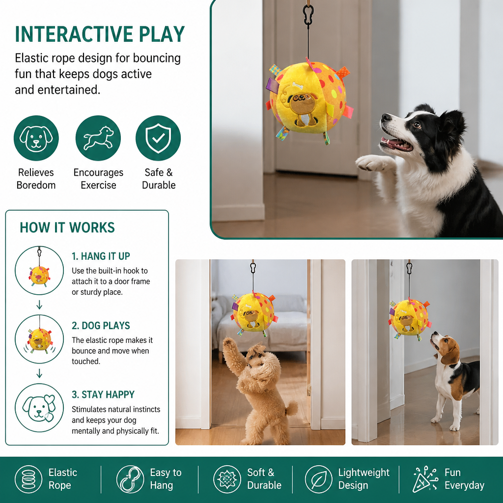 Interactive Hanging Dog Ball Toy with Elastic Play Rope & Hook