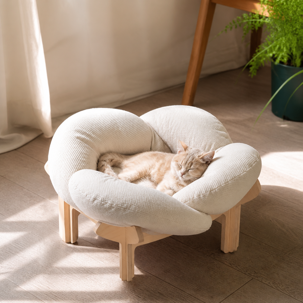 Luxury Elevated Wooden Flower Pet Bed with Plush Cushion