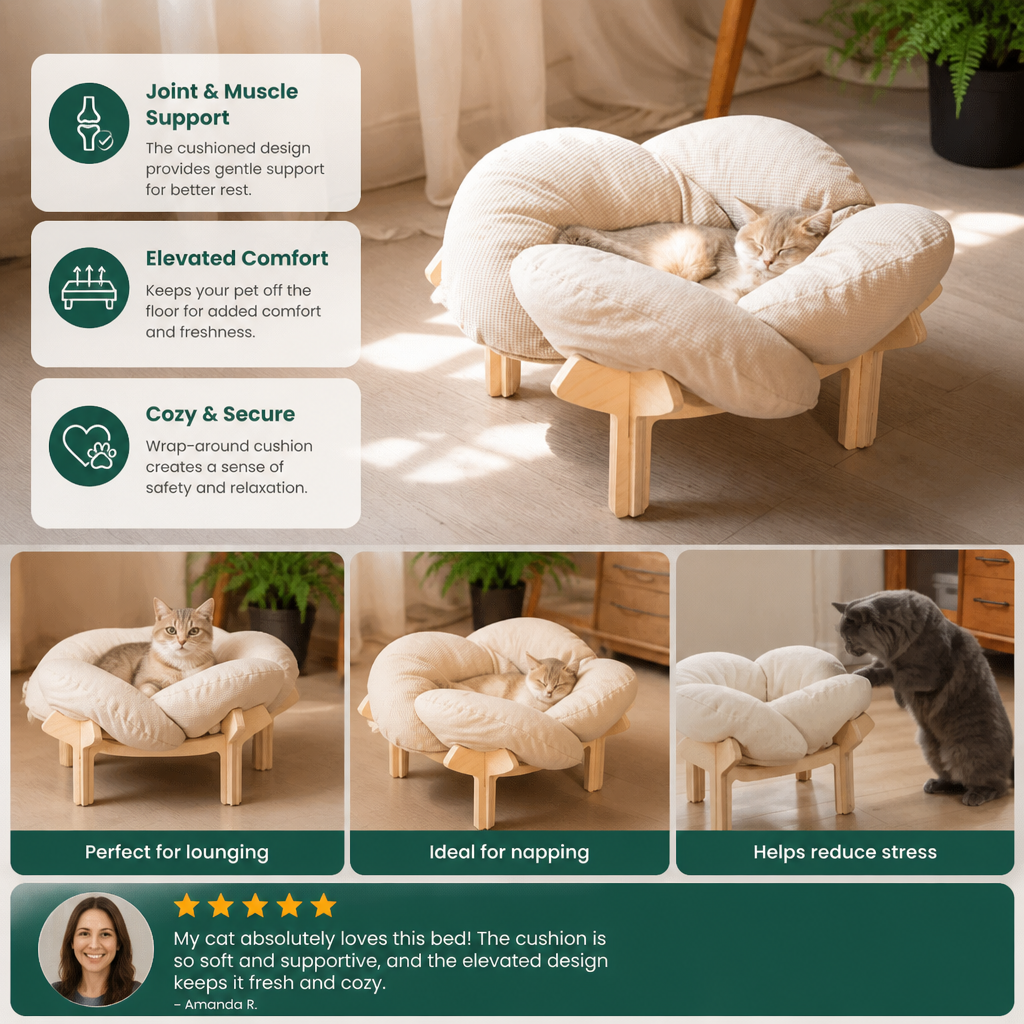 Luxury Elevated Wooden Flower Pet Bed with Plush Cushion