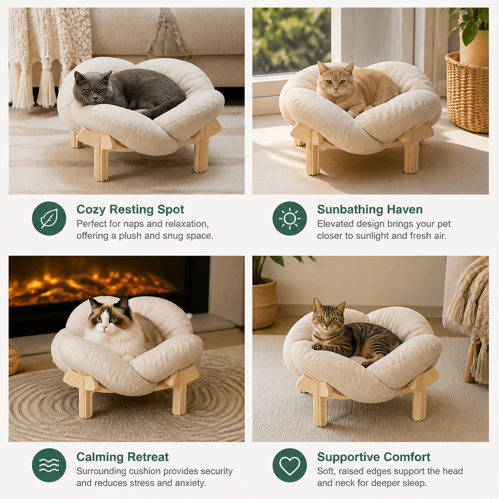 Luxury Elevated Wooden Flower Pet Bed with Plush Cushion
