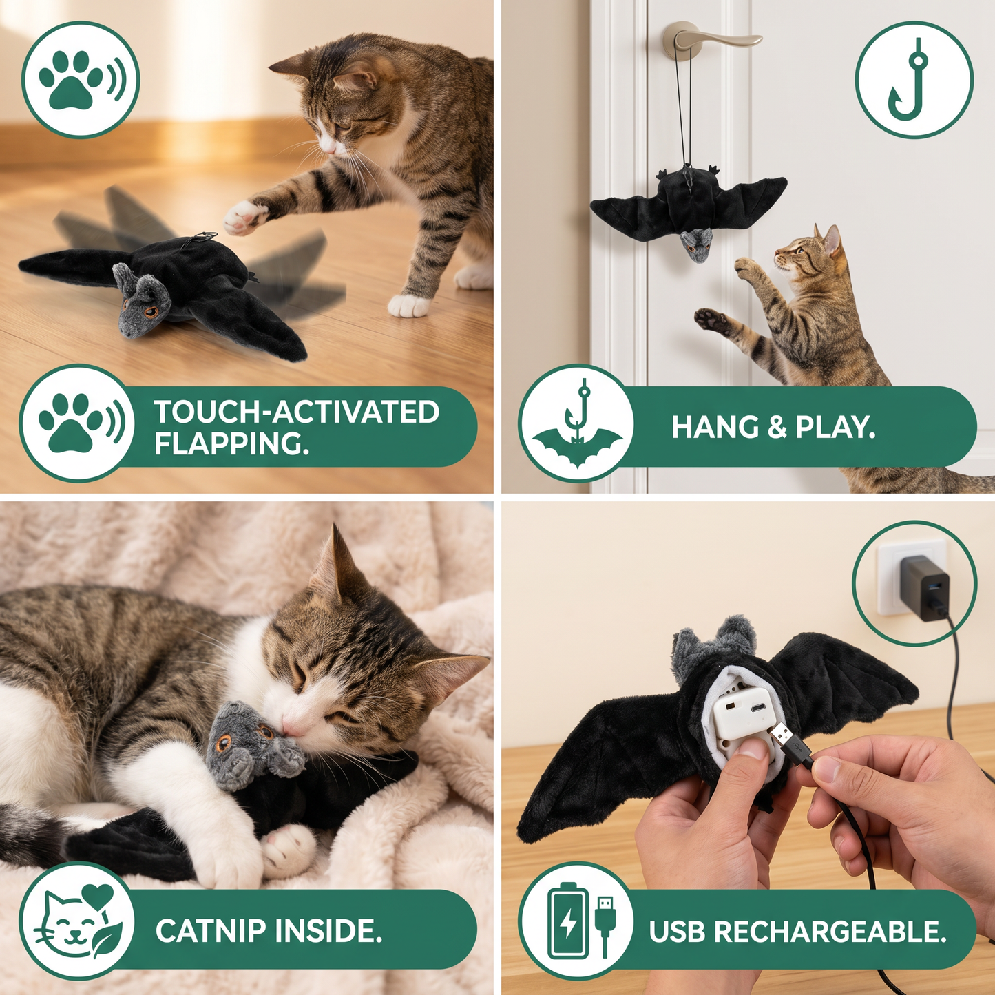 Touch—Activated Flapping Bat Cat Toy with Catnip