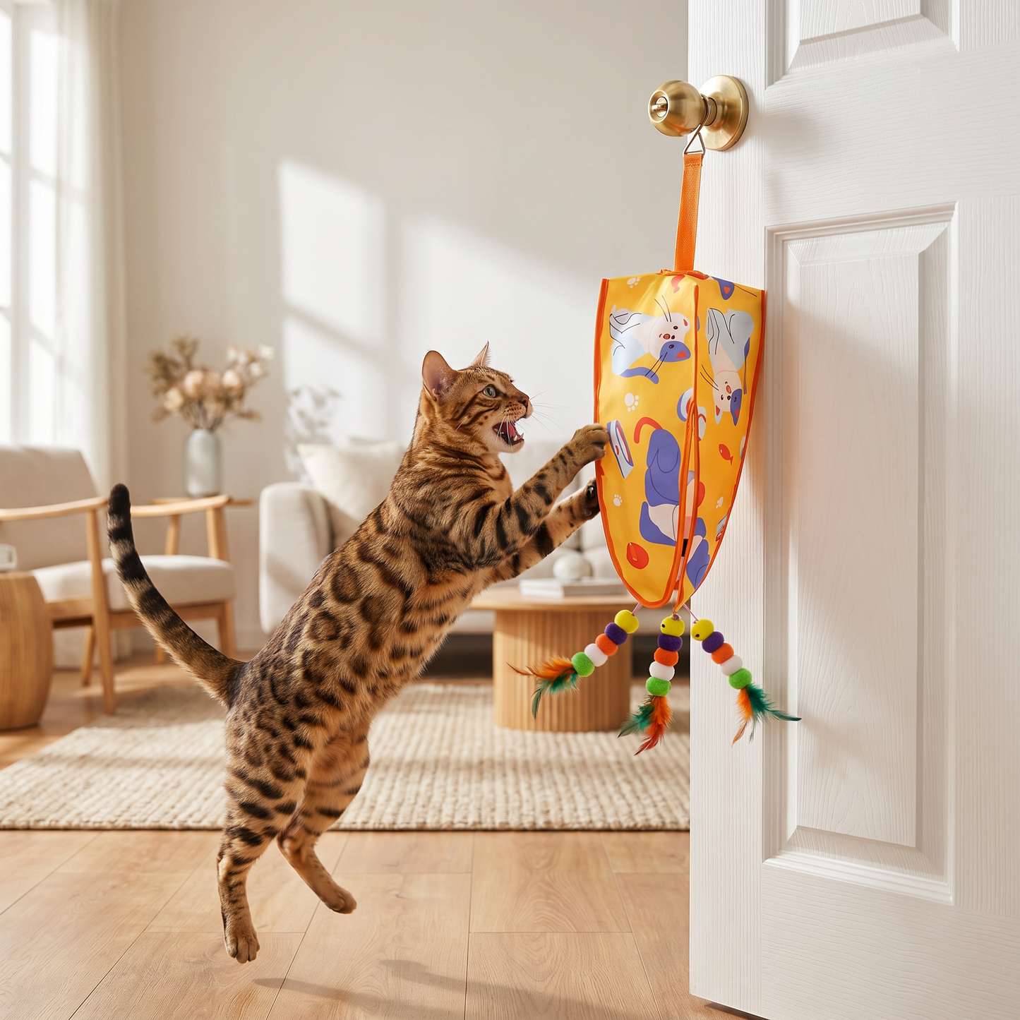 Automatic Hanging Cat Toy with Feather Teasers & Sound