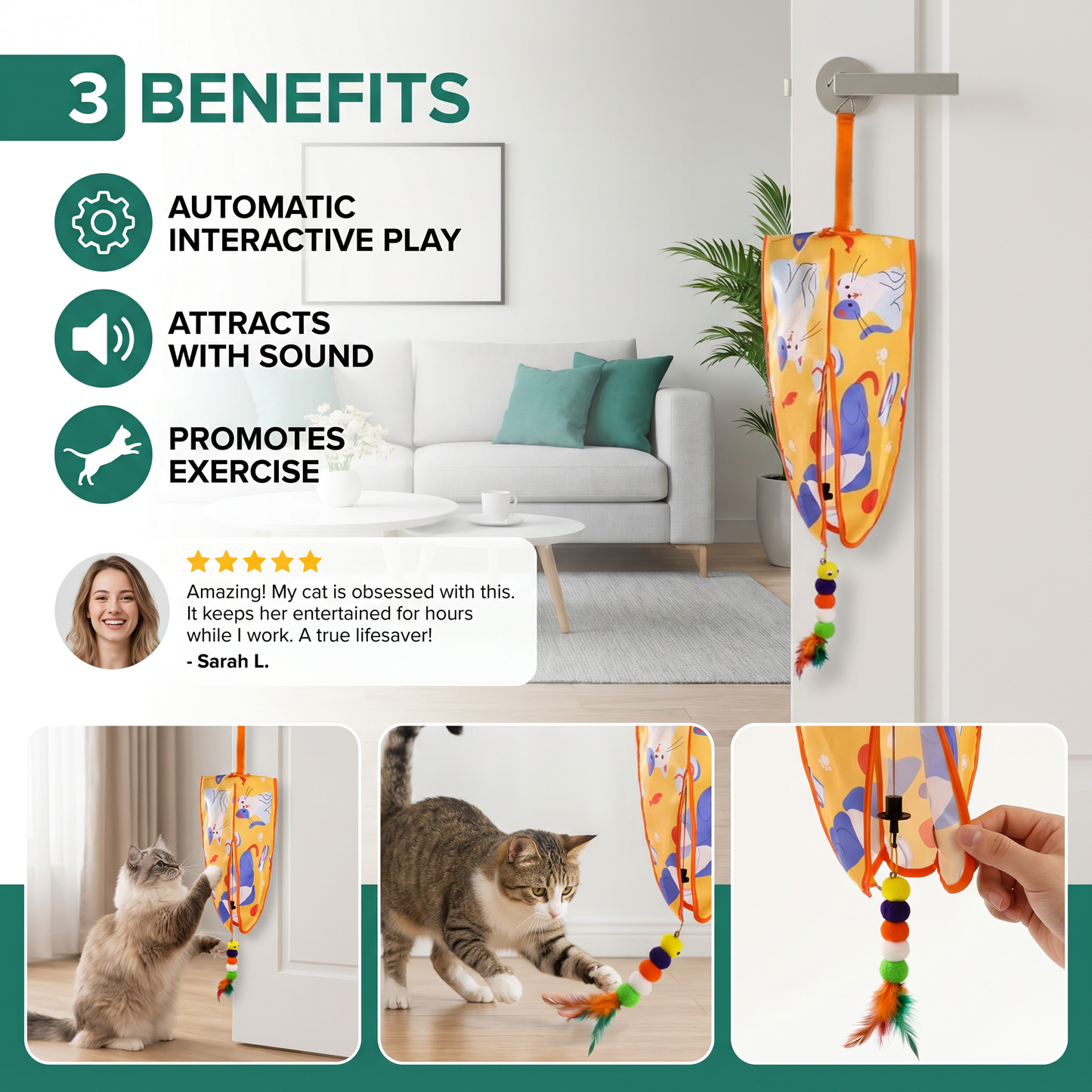 Automatic Hanging Cat Toy with Feather Teasers & Sound