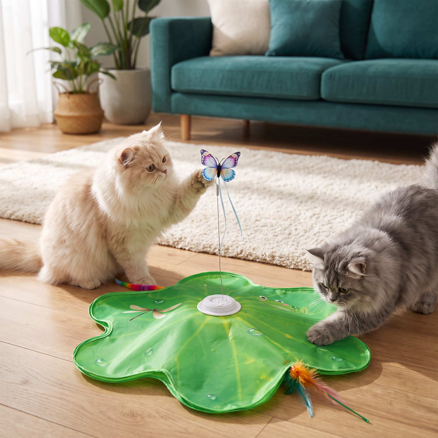 3-in-1 Interactive Butterfly Cat Toy – Play Mat with Butterfly & Feather Teasers