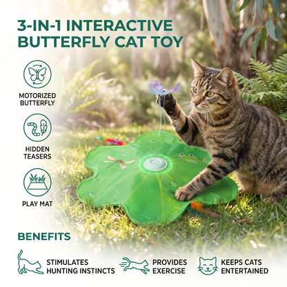 3-in-1 Interactive Butterfly Cat Toy – Play Mat with Butterfly & Feather Teasers