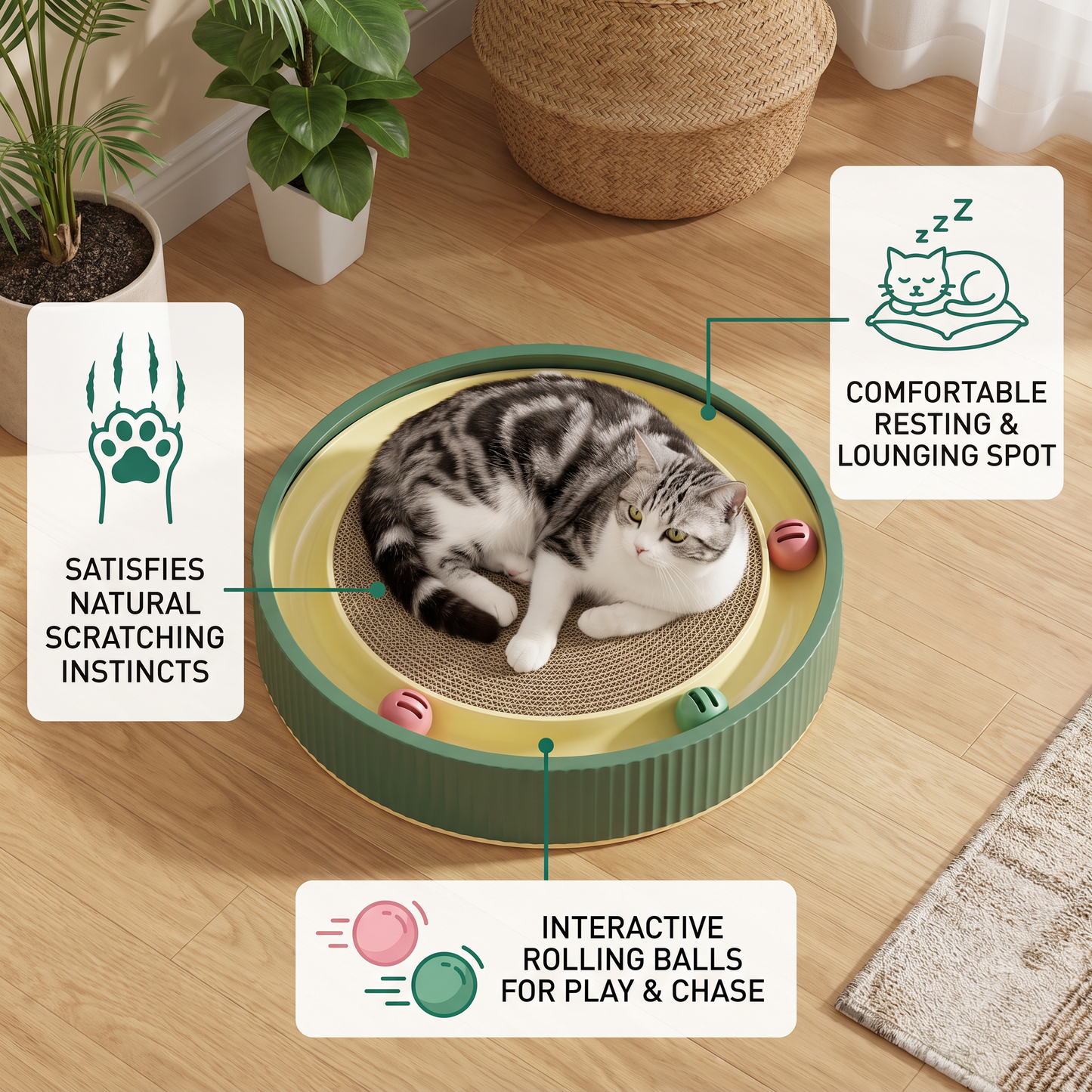 Interactive Cat Scratcher Pad with Rolling Balls and Relaxing Play Area