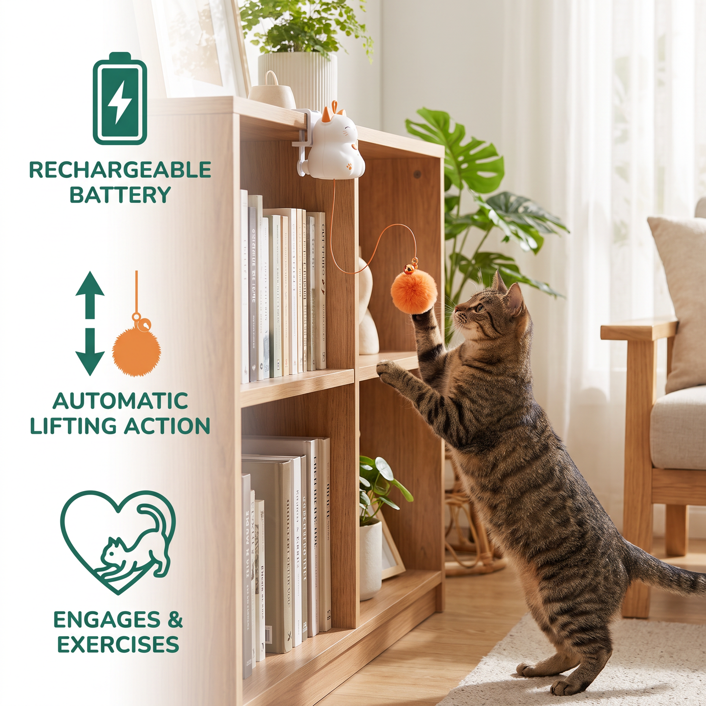 Interactive Rechargeable Cat Toy – Automatic Lifting Pom-Pom Teaser