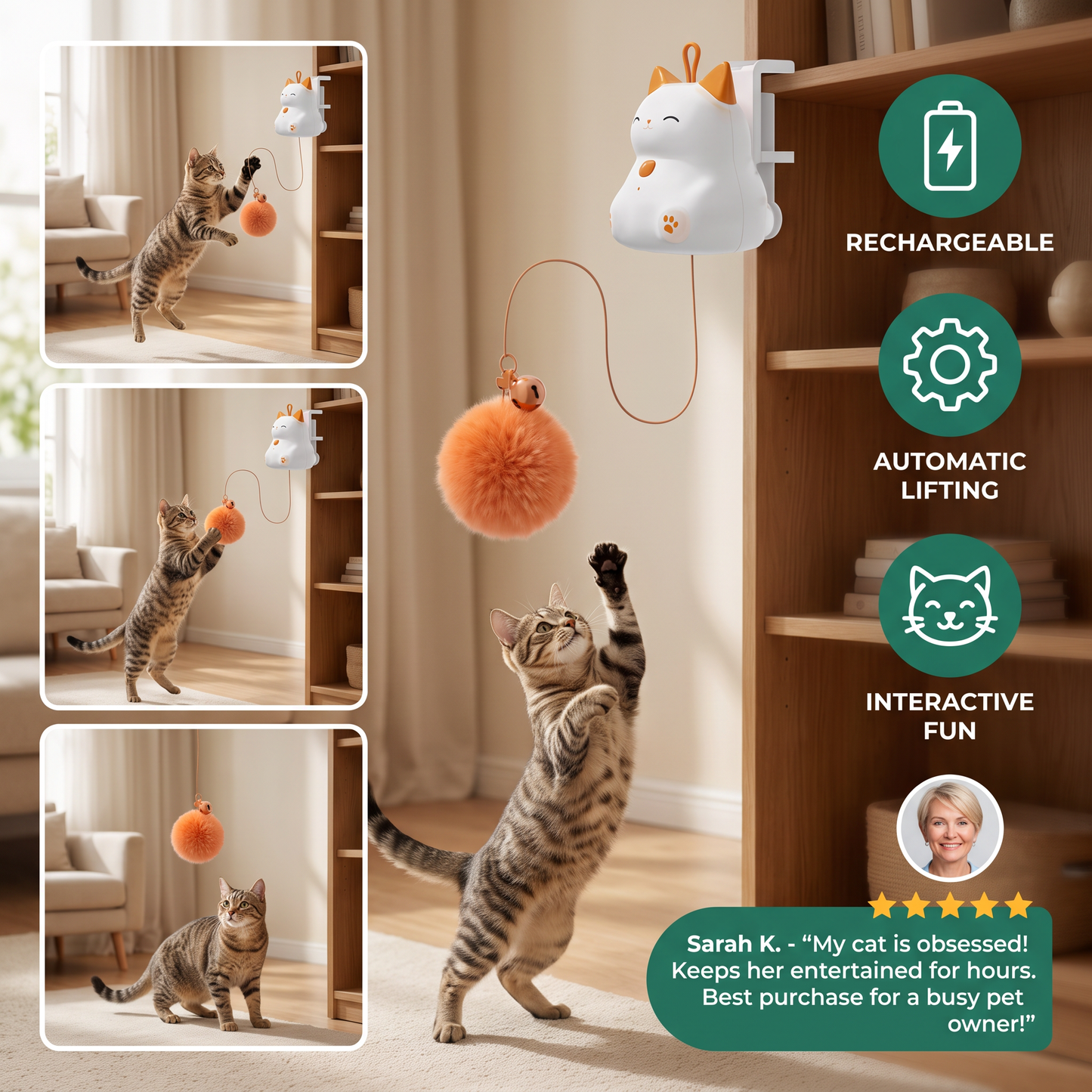 Interactive Rechargeable Cat Toy – Automatic Lifting Pom-Pom Teaser
