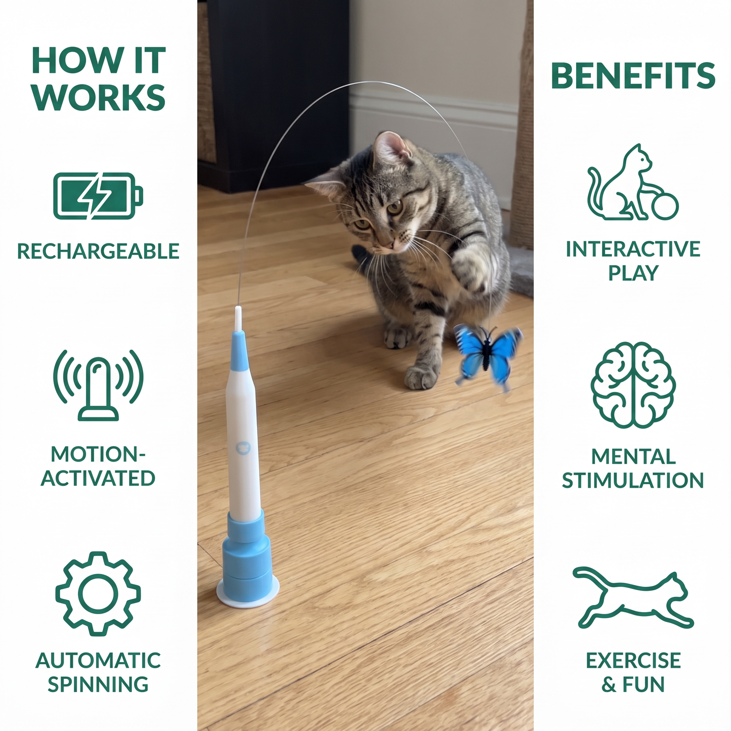 Interactive Spinning Butterfly Cat Toy – Rechargeable Motion Teaser Wand