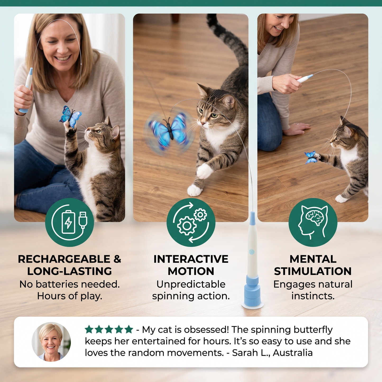 Interactive Spinning Butterfly Cat Toy – Rechargeable Motion Teaser Wand
