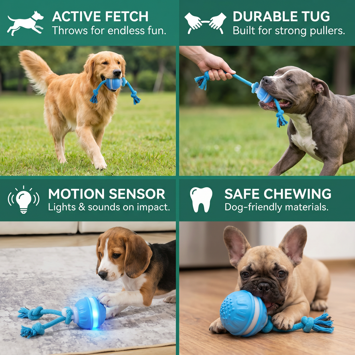 Durable Dog Play Ball with Motion Sensor and Tug Rope in Dog-Friendly Colours