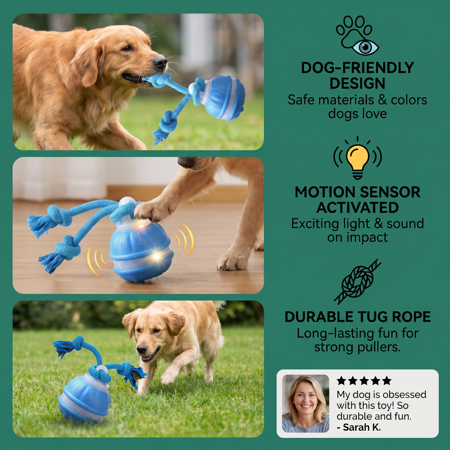Durable Dog Play Ball with Motion Sensor and Tug Rope in Dog-Friendly Colours
