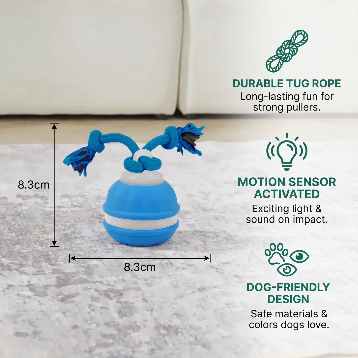Durable Dog Play Ball with Motion Sensor and Tug Rope in Dog-Friendly Colours