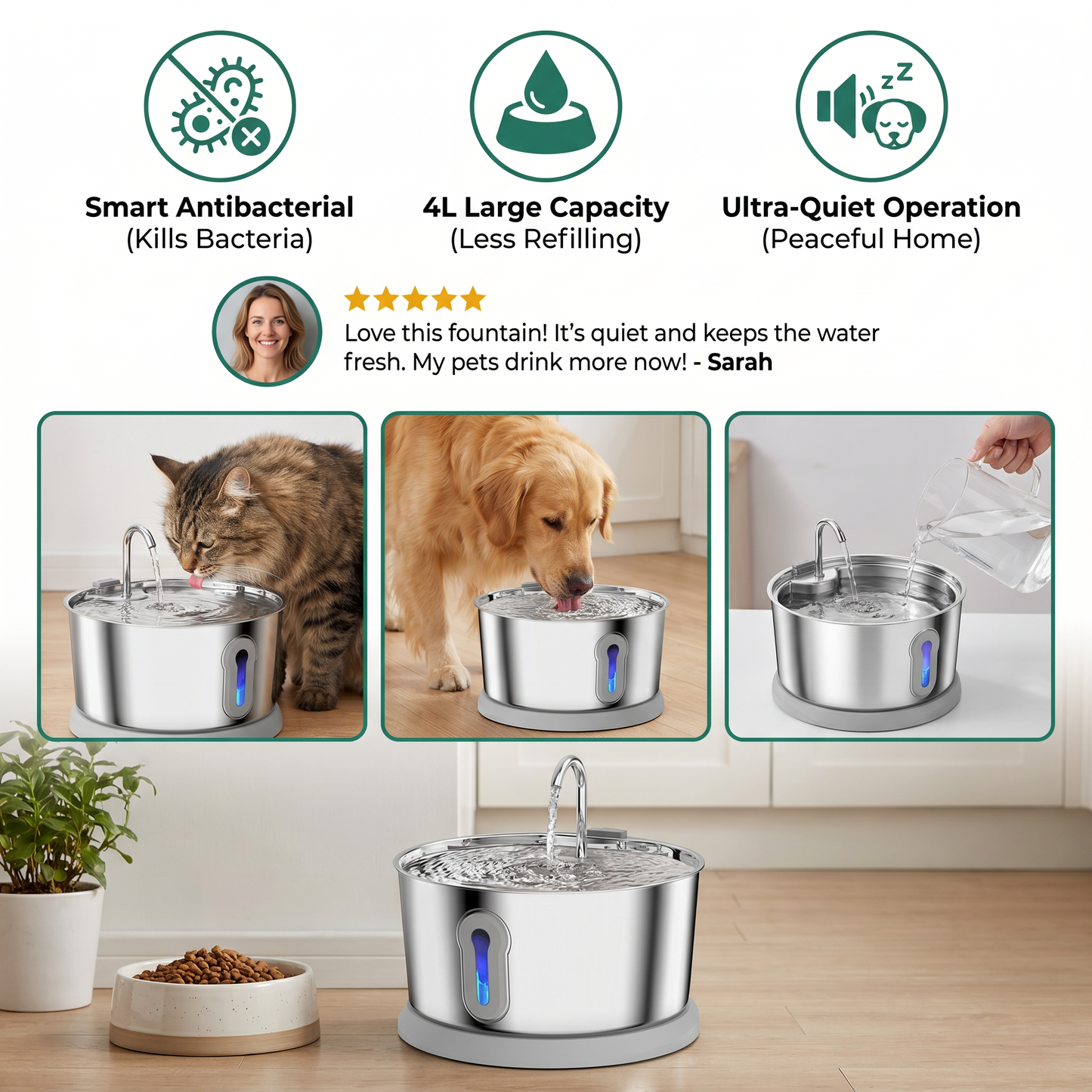 Smart Antibacterial Stainless Steel Pet Water Fountain – 4L Ultra-Quiet for Improved Pet Hydration & Health