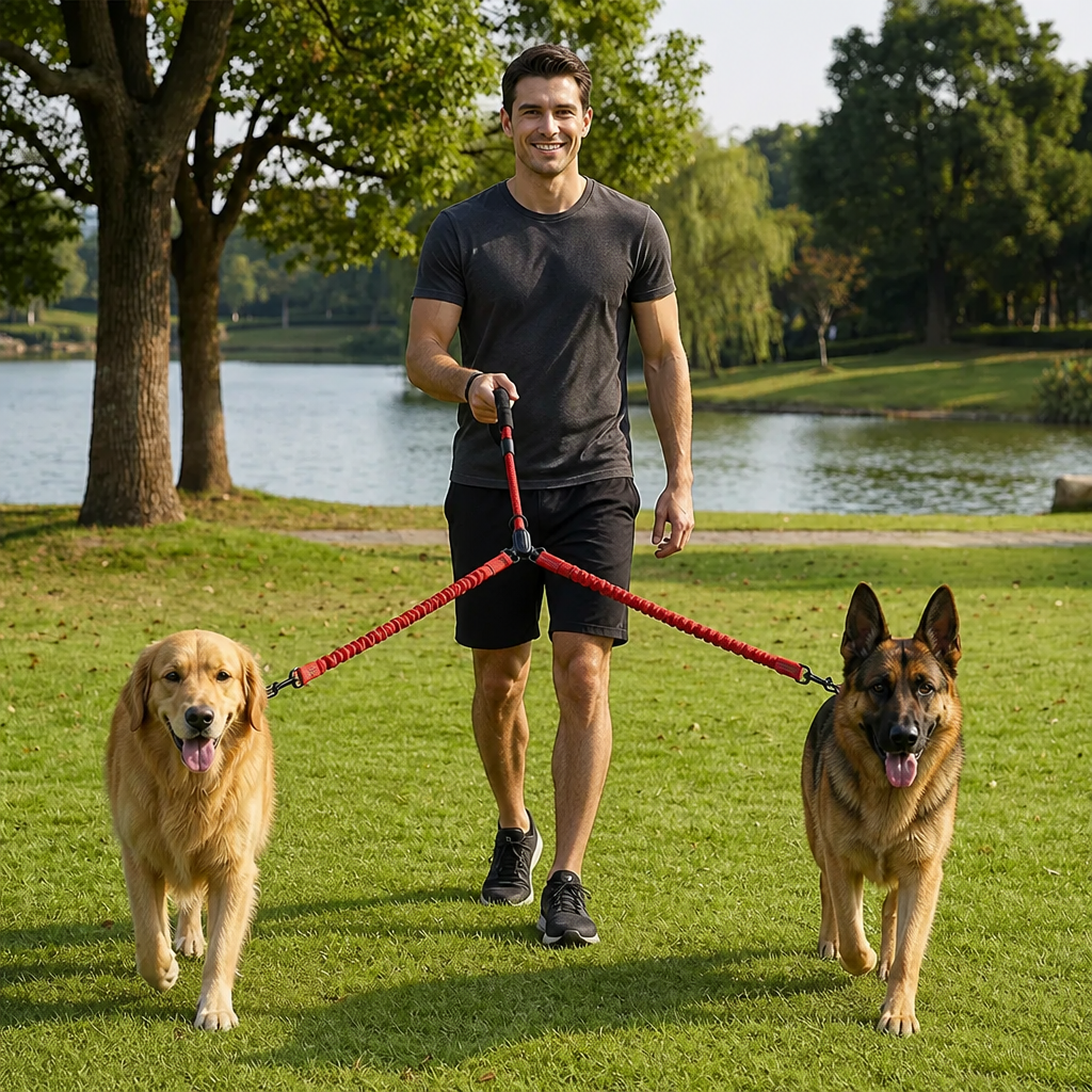 2-in-1 Dog Double Leash with 360° Swivel Joint – Tangle-Free & Shock Absorbing