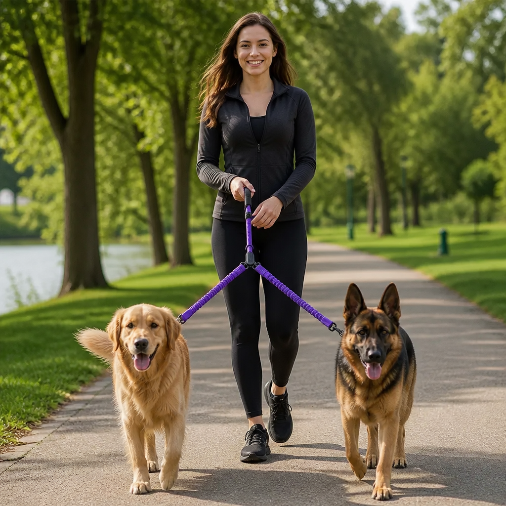 2-in-1 Dog Double Leash with 360° Swivel Joint – Tangle-Free & Shock Absorbing