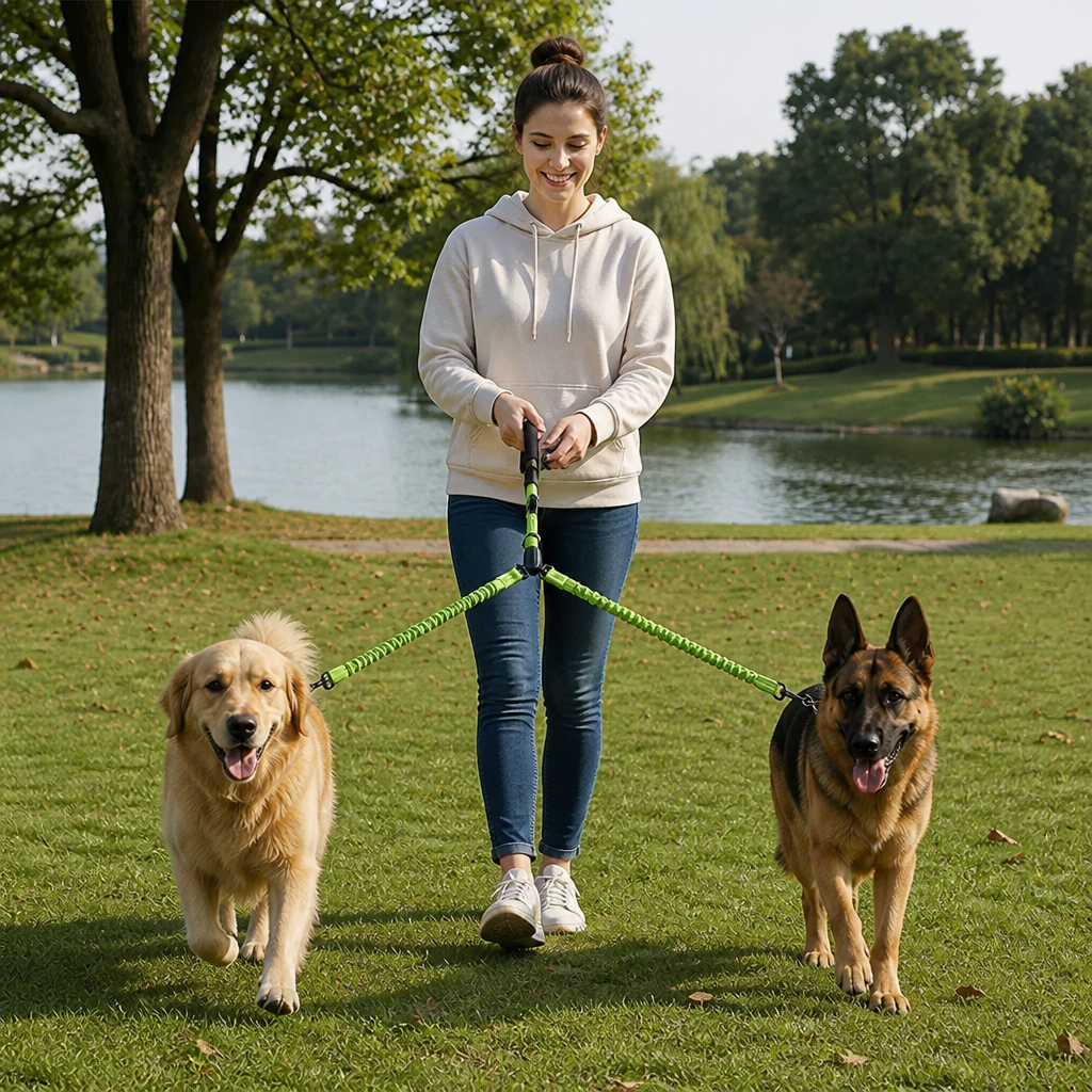 2-in-1 Dog Double Leash with 360° Swivel Joint – Tangle-Free & Shock Absorbing