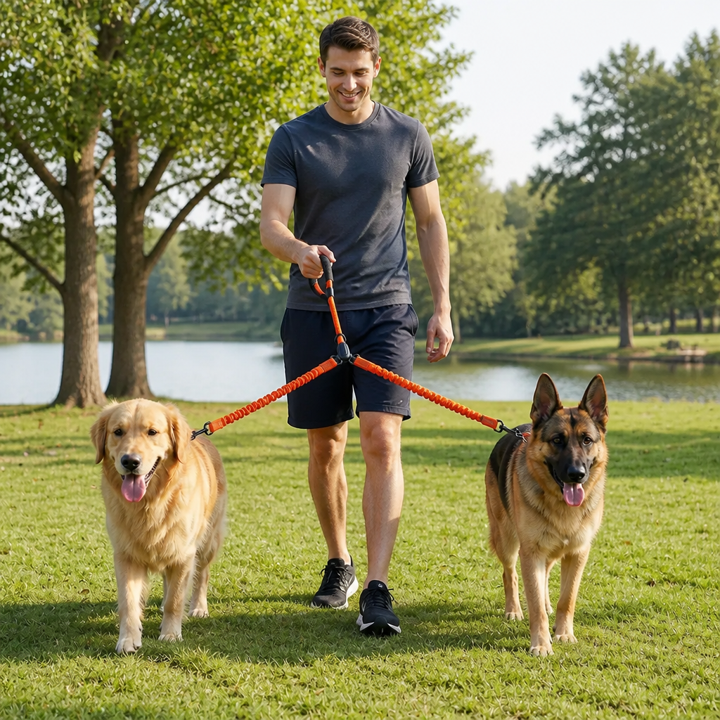 2-in-1 Dog Double Leash with 360° Swivel Joint – Tangle-Free & Shock Absorbing