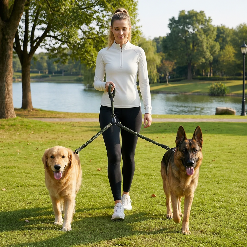 2-in-1 Dog Double Leash with 360° Swivel Joint – Tangle-Free & Shock Absorbing