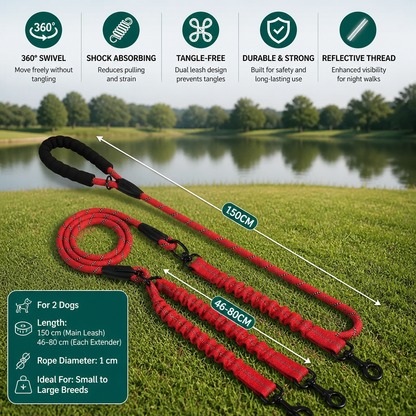 2-in-1 Dog Double Leash with 360° Swivel Joint – Tangle-Free & Shock Absorbing