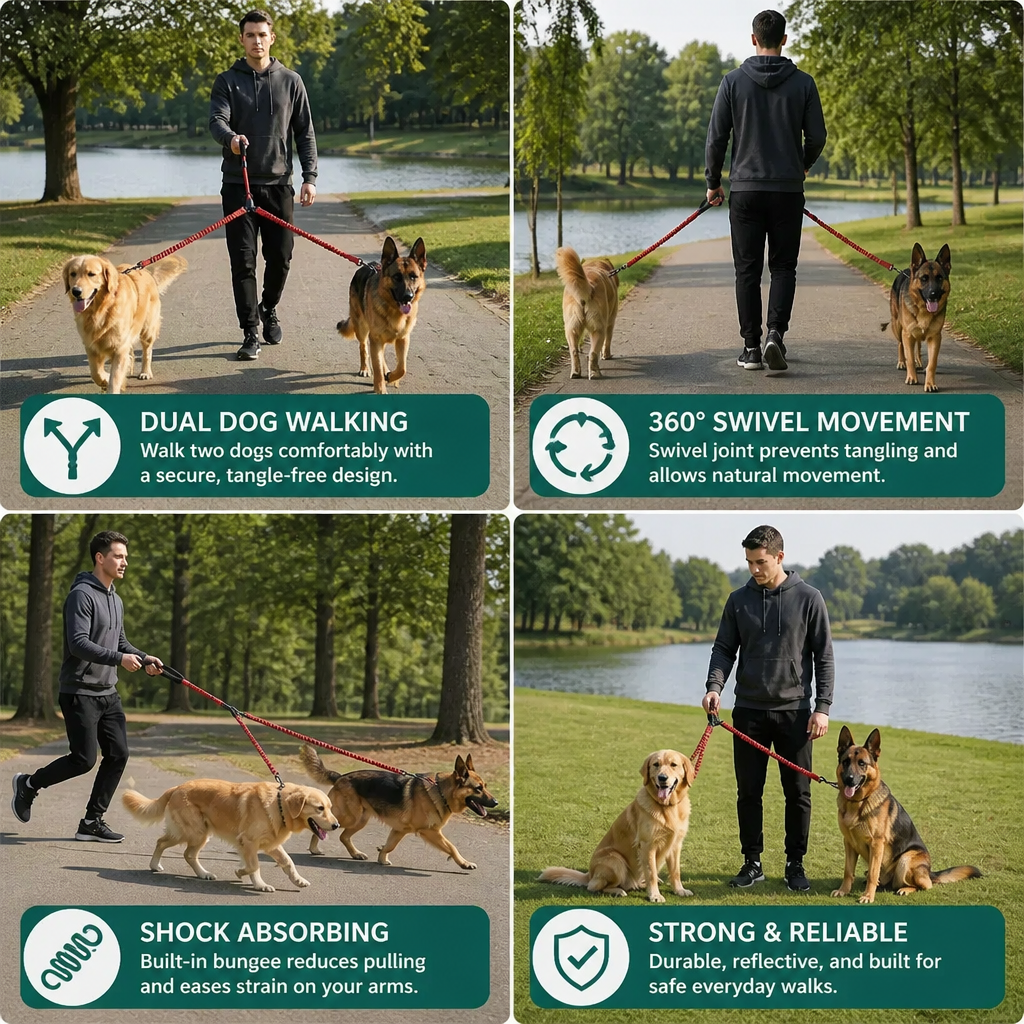 2-in-1 Dog Double Leash with 360° Swivel Joint – Tangle-Free & Shock Absorbing