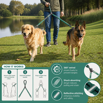 2-in-1 Dog Double Leash with 360° Swivel Joint – Tangle-Free & Shock Absorbing