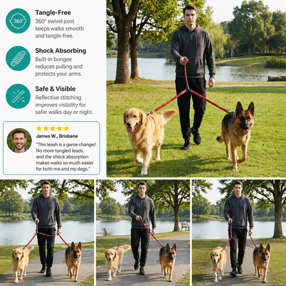 2-in-1 Dog Double Leash with 360° Swivel Joint – Tangle-Free & Shock Absorbing