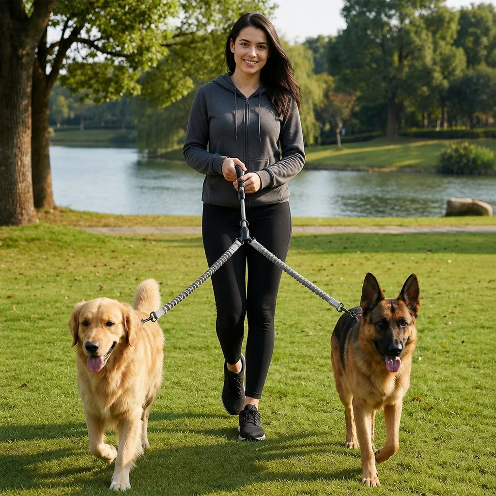 2-in-1 Dog Double Leash with 360° Swivel Joint – Tangle-Free & Shock Absorbing