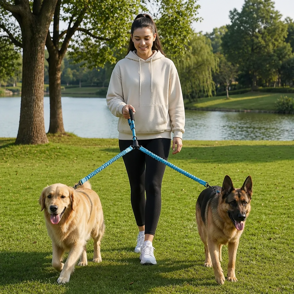 2-in-1 Dog Double Leash with 360° Swivel Joint – Tangle-Free & Shock Absorbing