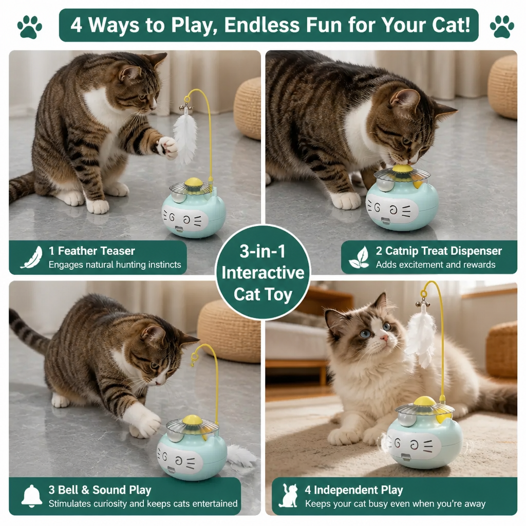 3in1 Interactive Catnip Cat Toy with Feather Wand & Bell