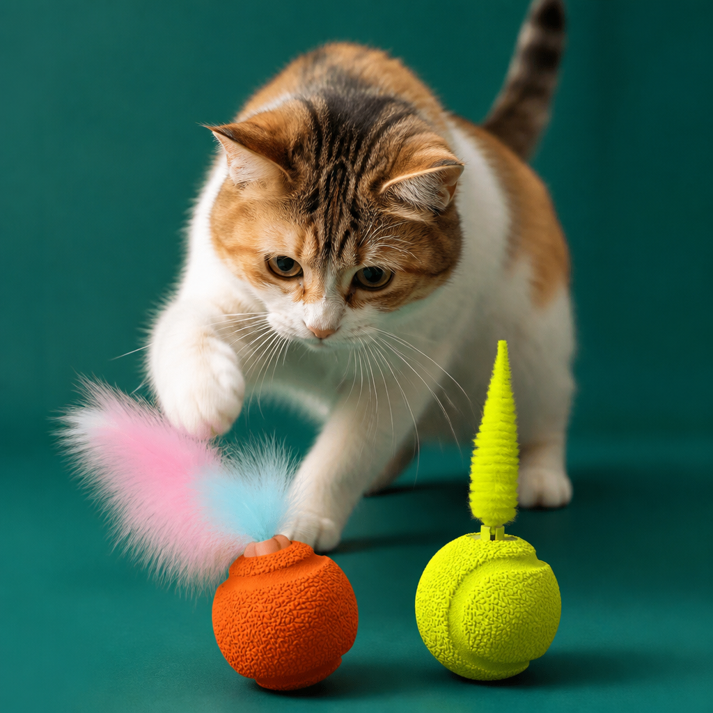 2-Pack Interactive Cat Balls – Plush Feather Tail & Squeaky Sound